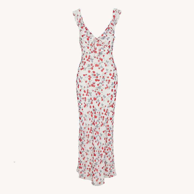 Women Dress Birthday Dress June Tender Long Dress 846 Summer New 2025 V-neck Ruffle White Strawberry French Strap Mermaid Cut Dress