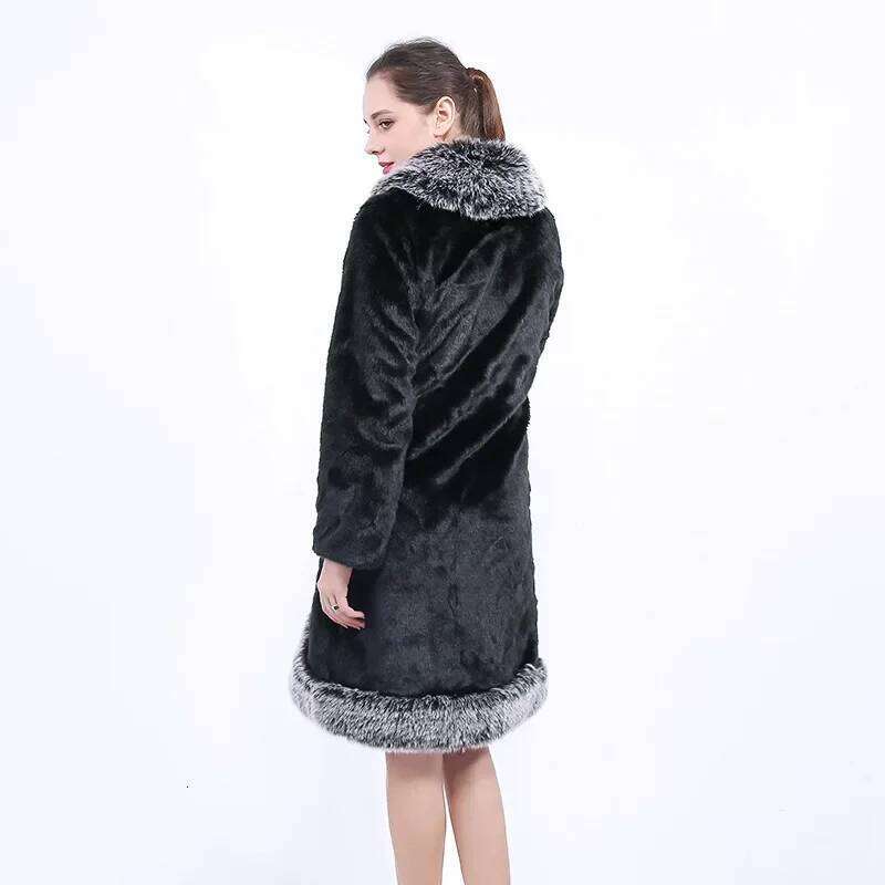 Winter Fall Women Fashion Grey Faux Fox Fur Collar Black Mink Coat , 3xl 4xl Thick Warm Elegant Coats Long Jacket for Woman