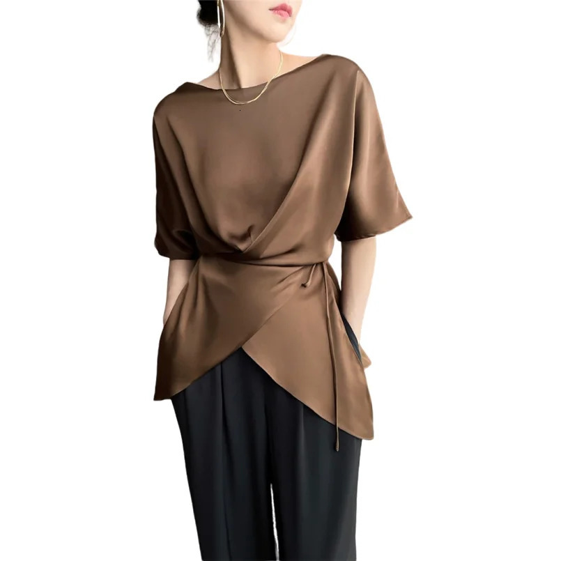 Half Sleeve Chic Woman Blouse Summer Tops Belt Irregular Womens shirt Blouses seda blouse blusas elegantes femeninas 250614