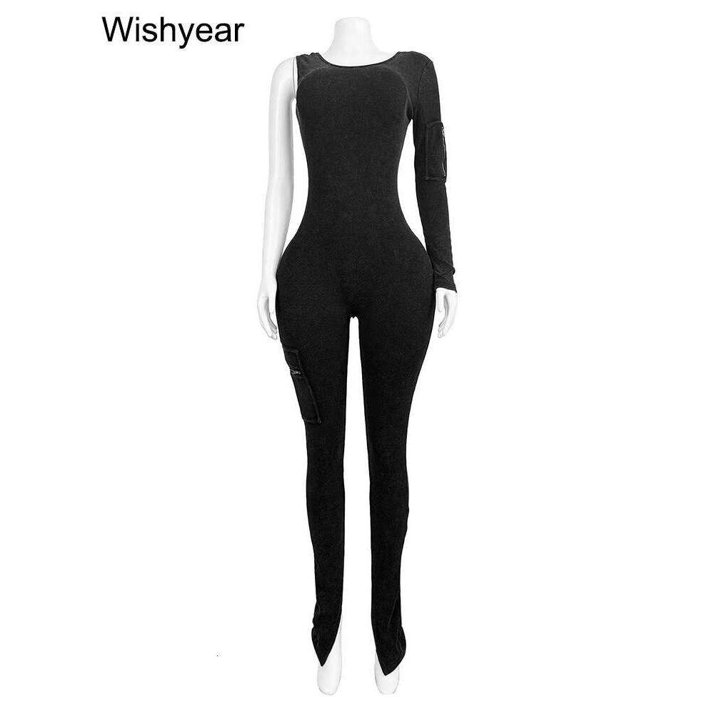Fiess Joggers Rompers Women's Black Pocket Single Shoulder Washed Ribbed Jumpsuits One Piece Outfits Sports Skinny Overalls