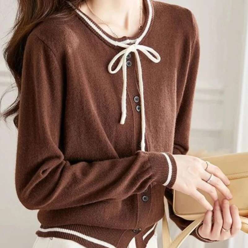 Knitted Sweater Woman Round O Neck Cardigan for Women Jacket Outerwear Elegant Casual Aesthetic Y2k Long Sleeve Fall 2025 Light