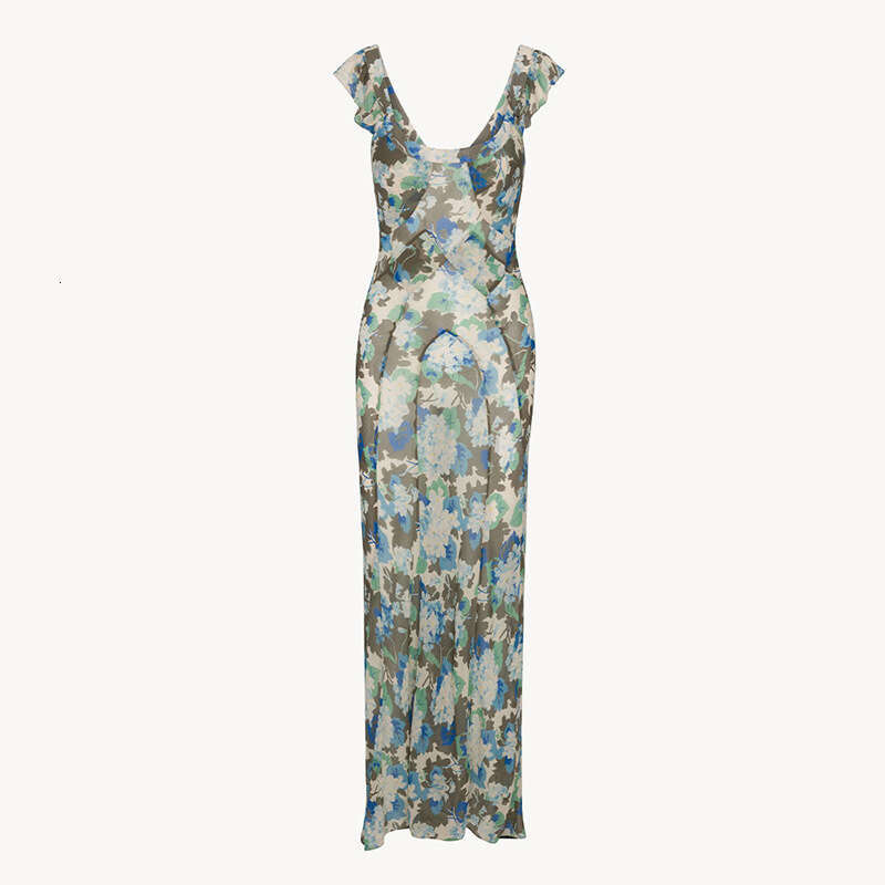 Tender Dress Designer 689#silk Low-cut Round Neck Dress with Ruffles Slim Fit Waist-cinching Printed Vacation Style Sexy and Sheer for Women