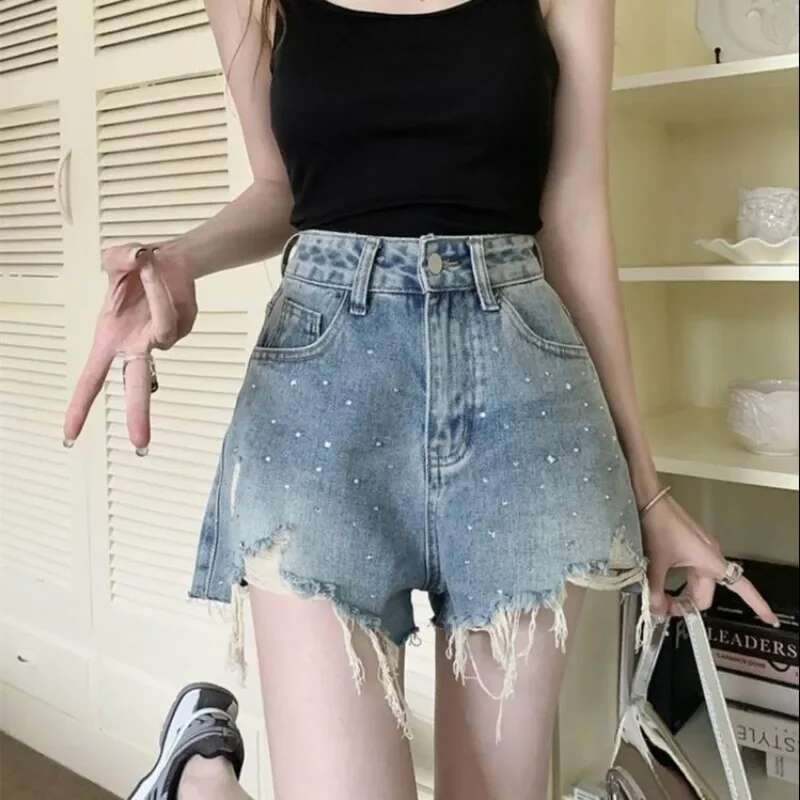 With Belt Denim Shorts for Women Korean Style Short Jean Pants Woman Wide Classic Flowy Harajuku Fashion XL Streetwear Elegant
