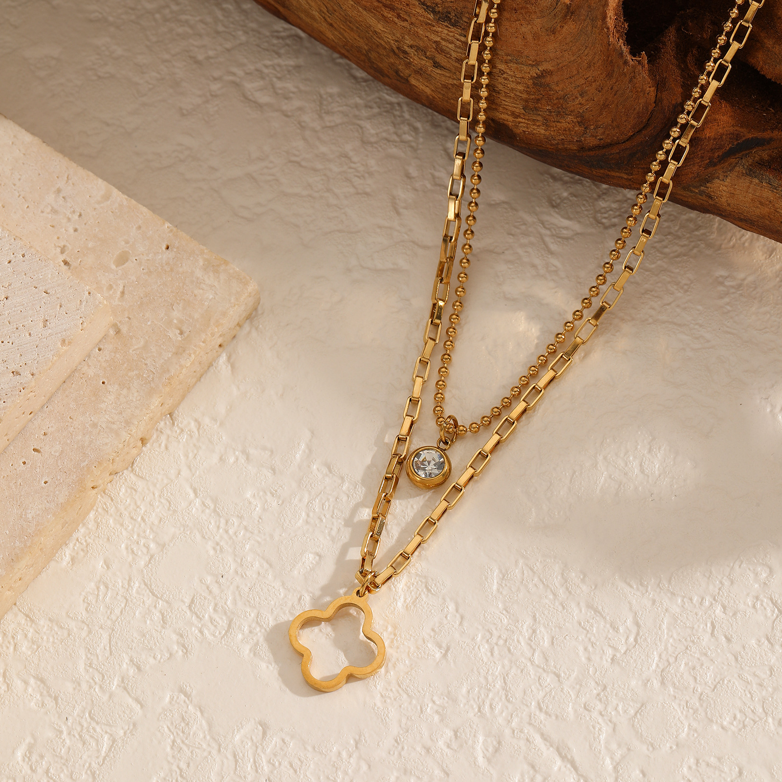 Double Layer Hollow Clover Titanium Steel Necklace for Women Multi-layer with Pendant
