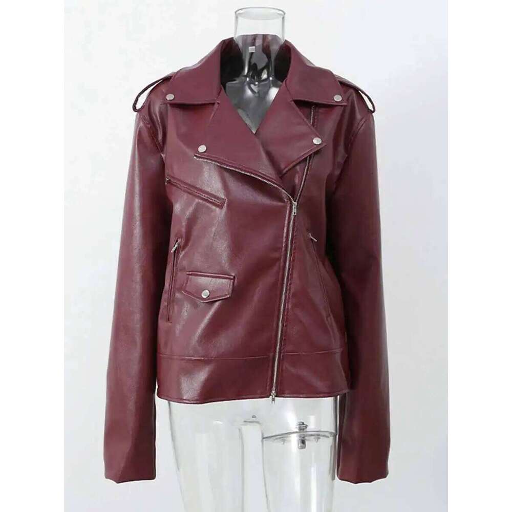 KWTX Solid Splicing Pocket For Women Flip Collar Long Sleeve Designer Leather Jacket Women's Fashion New