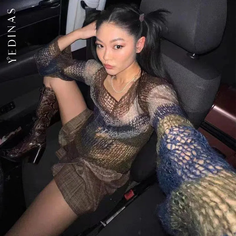 Yedinas Striped Knit Tops Vintage Grunge Hollow Out Jumpers Japanese 2000s Hole Thin Pullover Sweater Women Korean Knitwear Y2k 250614