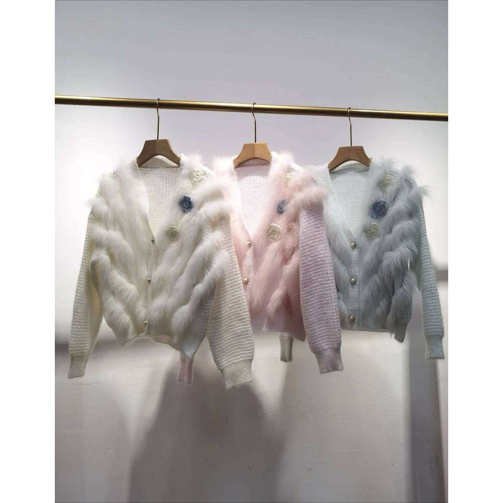 2024 Women Spring Autumn Lady's Fashion Cardigan With Natural Real Knitted Oversize Coat Fox Fur Decoration Sweater