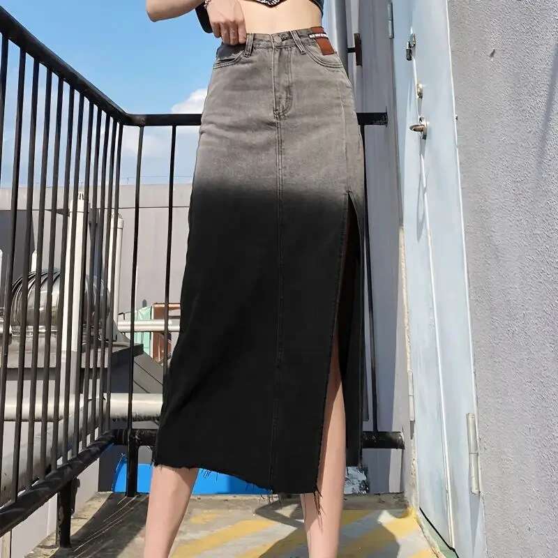 Maxi Chubby Womens Denim Skirt Sexy Night Club Outfit Coquette Long Gyaru Female Jeans Skirts High Waist with Slit Casual Cheap