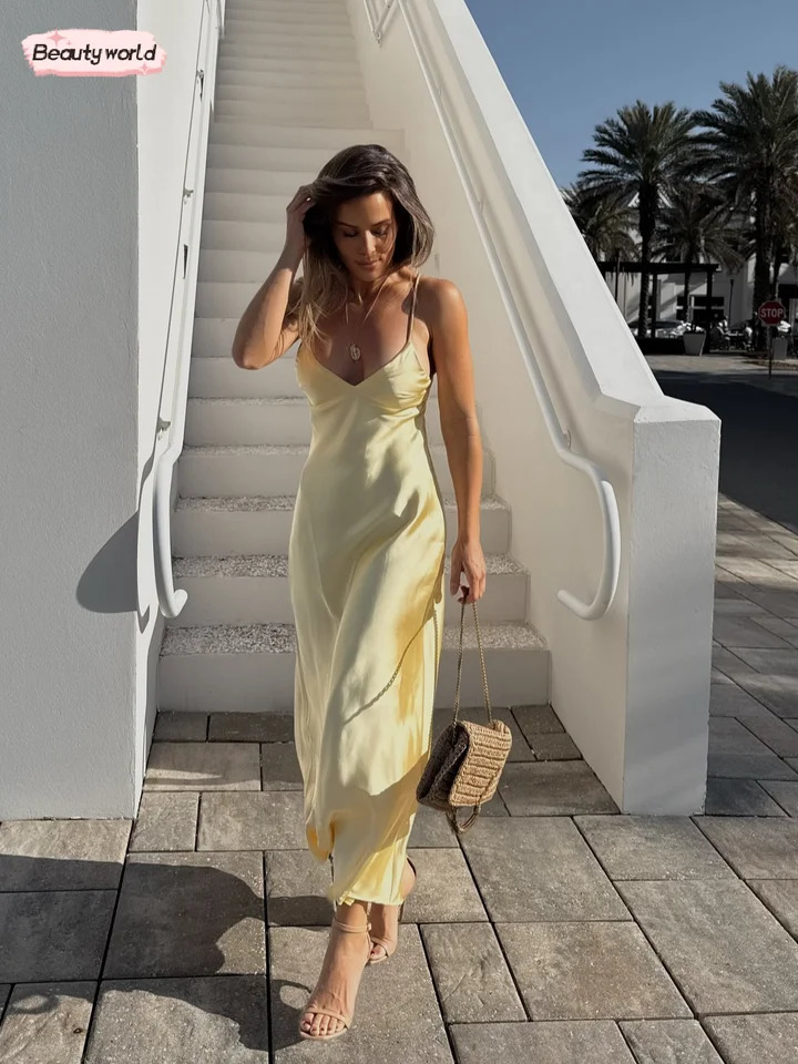 Sexy Yellow Ribbon Silk Satin Sling Dress Women Elegant Sling Collar Backless Long Dresses 2025 Women Beach Vacation Robes 250616