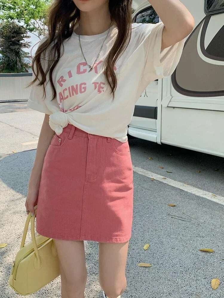 With Pocket Short Jeans Skirts for Women High Quality Korean Style Aesthetic A Line Luxury Elegant Premium Woman Denim Skirt