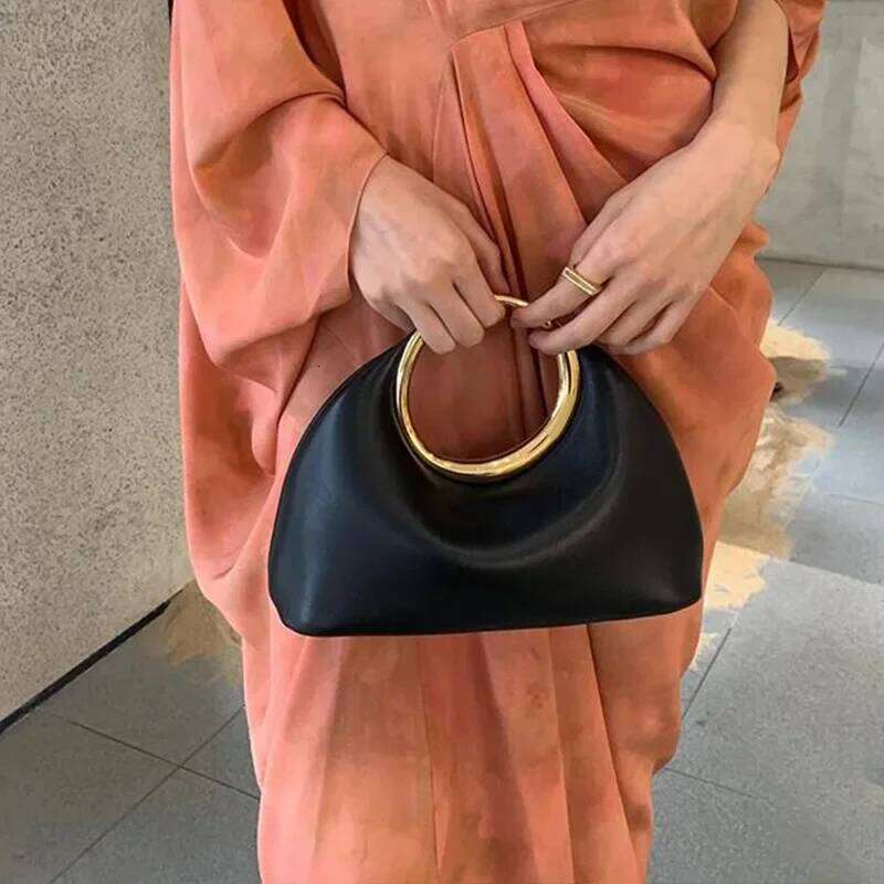 Metallic Round Handle Handbag Evening Bags for Women Soft PU Leather Shoulder Bag 2025 Half Moon Cloud Clutch