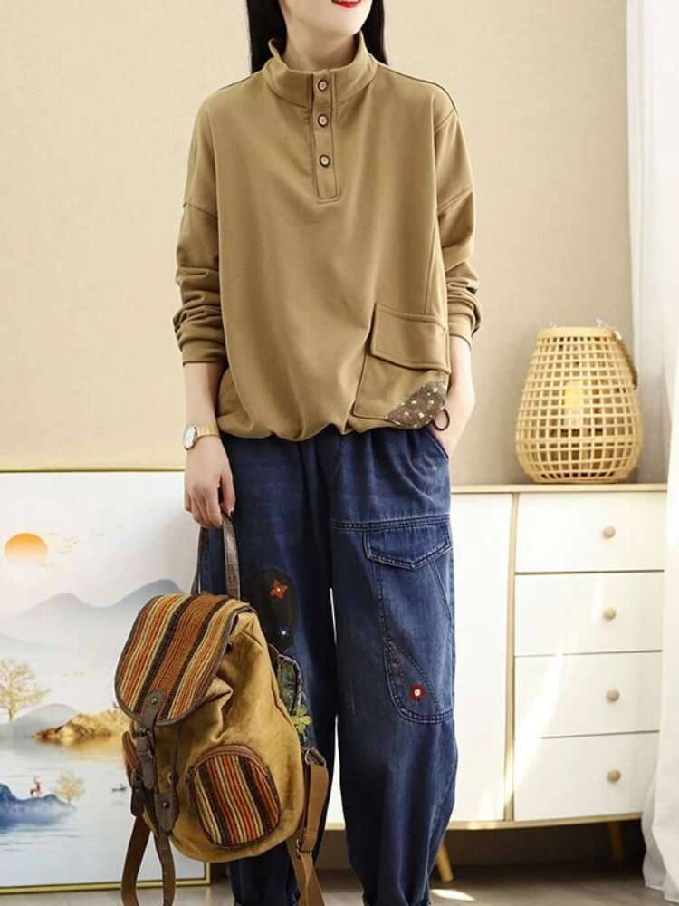 Sweatshirts for Women Pullovers Button Female Clothes Plain Long Sleeve Essential Kpop M Korean Fashion Basic Tops 2000s Emo Xxl