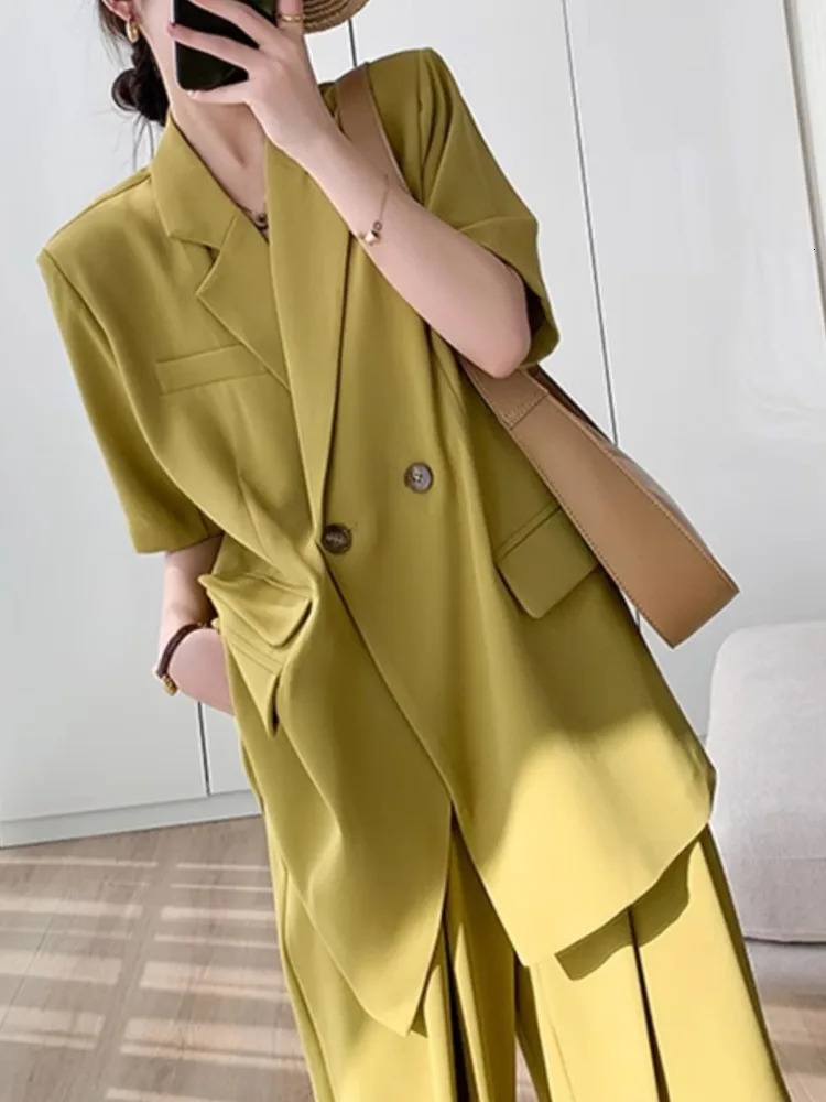 Short Sleeve Wide Leg Pants Blazer Suit Two Piece Set Summer Fashion Work Business Casual Female Clothes 250612