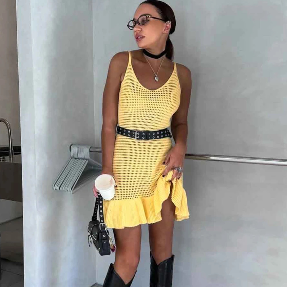 Tuularose Knit Ruffle Mini Dress Womens Summer Sexy Hollow Out Beach Holiday Sleeveless Halter Dress Solid Slim Short Dresses 250616