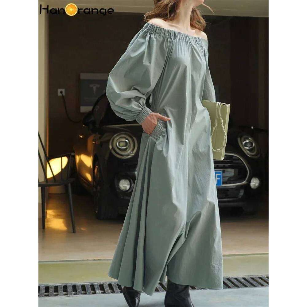 HanOrange 2024 Early Autumn Puff Sleeve Boat Neck High Waist Umbrella Dress Black/Gray Green