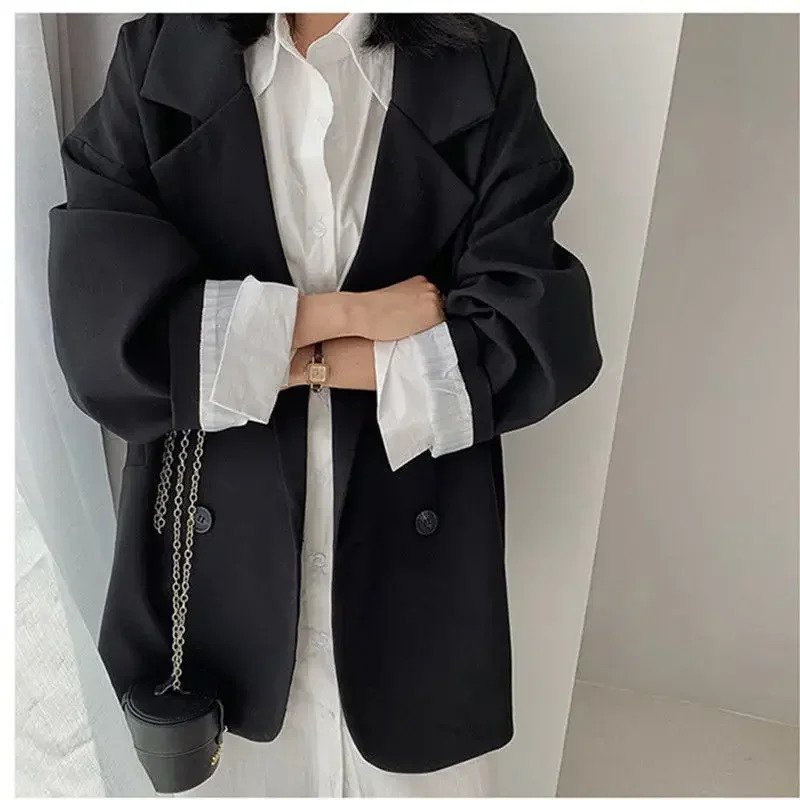 2025 Vintage Loose Women Solid Blazer Autumn Chic Double Breasted Female Long Sleeve Suit Jackets Stylish Ladies Blazer 250614