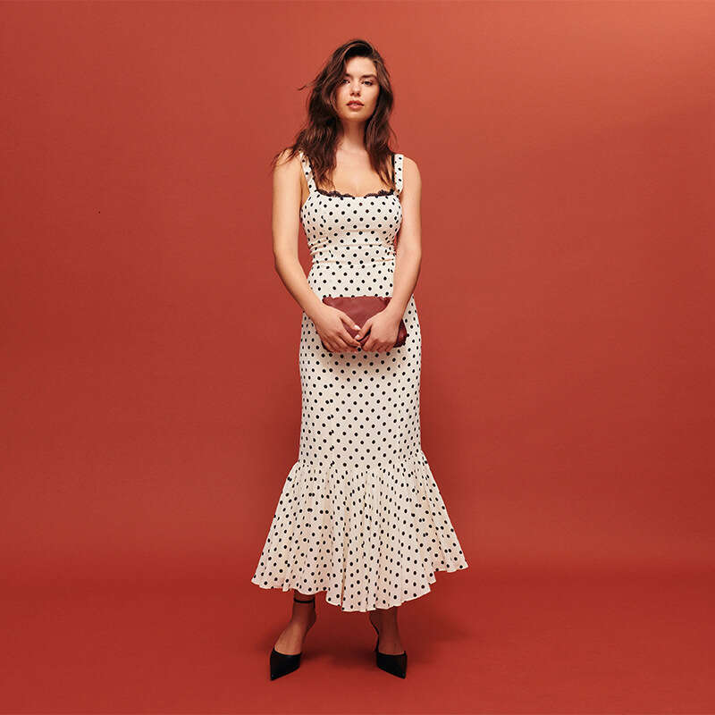 Black Dress Summer Dress Calf Goth Vestido 752 Summer New 2025 Polka Dot Vest Mid-length Slim Fit Mermaid Dress French Romantic Simple Women