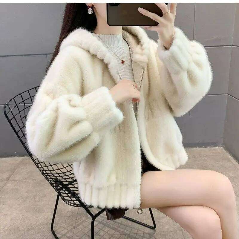 Short Mink-like Hair Fur Hooded Top Little Fellow Fashionable Fleece Coat Female Spring and Autumn Warm Winter New