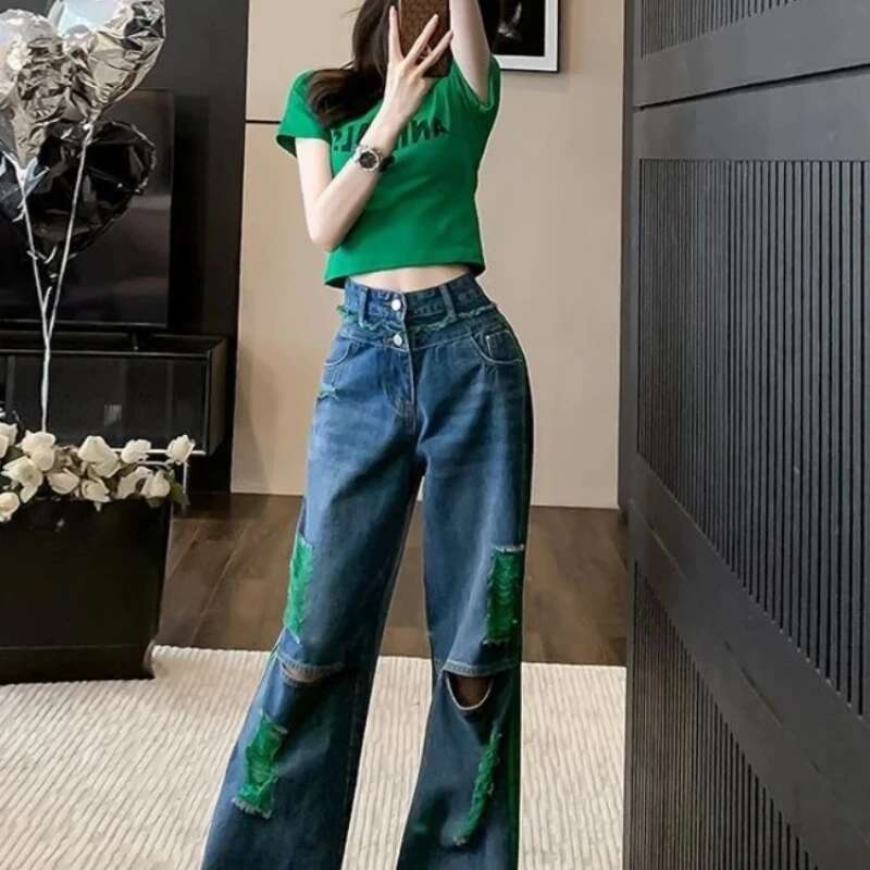 With Holes Female Cowboy Pants Wide Leg Womens Jeans Korean Popular Clothes Japanese Y2k 2000s Trend 2025 Pant Grunge Trousers
