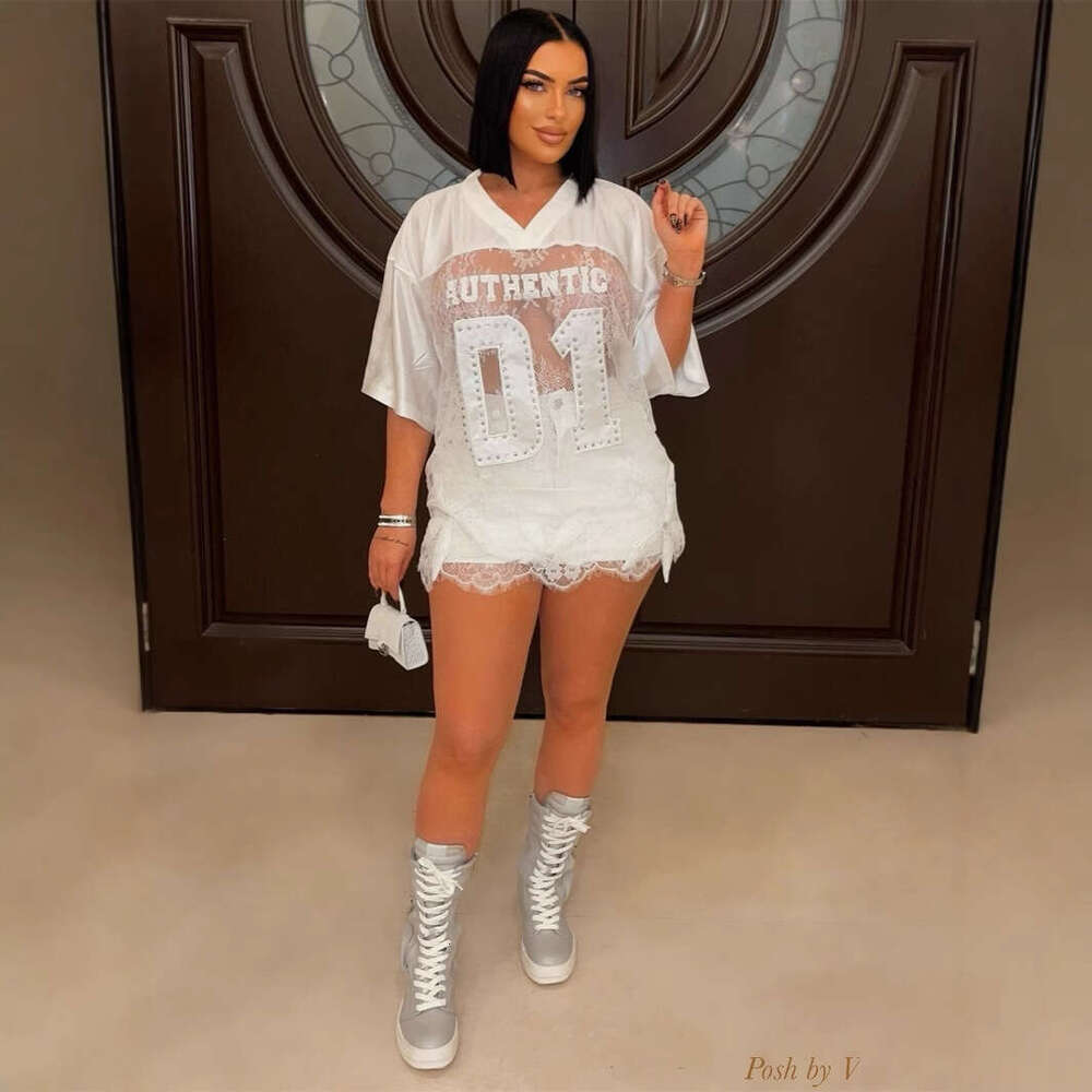 Autumn New Printed Loose Casual Street See-Through Sexy Lace Patchwork T-Shirt Short Sleeve Top B5