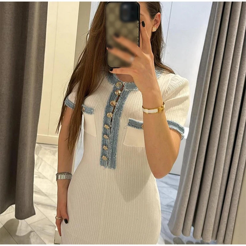 Elegant Denim Patchwork Knitted Long Dress Women Fashion V Neck Short Sleeved Buttons Bodycon Dresses Female White Pockets Robes 250616