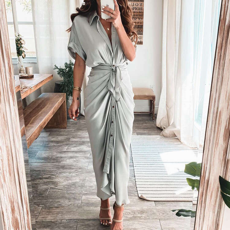 Spring New Women's Short Sleeve Elegant Fashion Commuter High Waist Printed Cardigan Dress B5