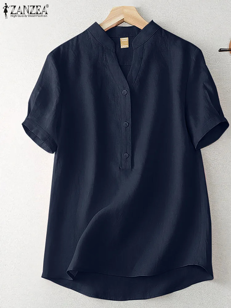 ZANZEA Summer Elegant Loose Chemise Cotton Blouse Vintage OL Work Tunic Tops Women Casual Solid Shirt V Neck Short Sleeve Blusas 250614