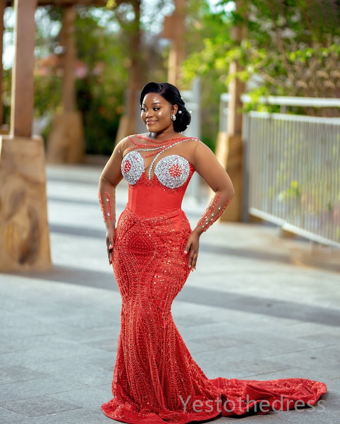 2025 Plus Size Red Aso Ebi Prom Dress Mermaid Prom Dresses Evening Formal Gowns Sheer Neck Long Sleeves Beaded Lace Flora Birthday Dress Second Recept