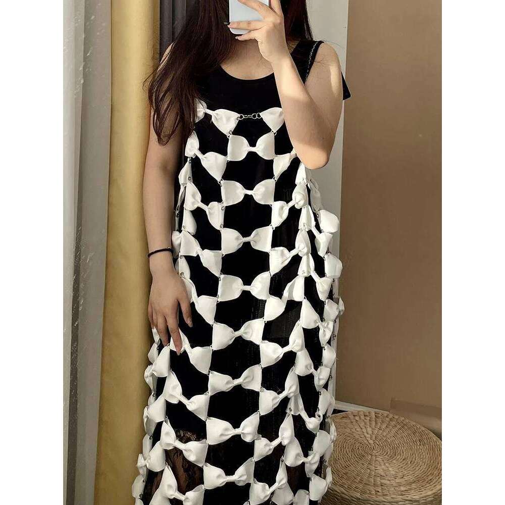 Designer Clothing 2025 Solid Hollow Out Chic Dresses For Women Camisole Sleeveless High Waist Patchwork Bowknot Minimalist Dress Female