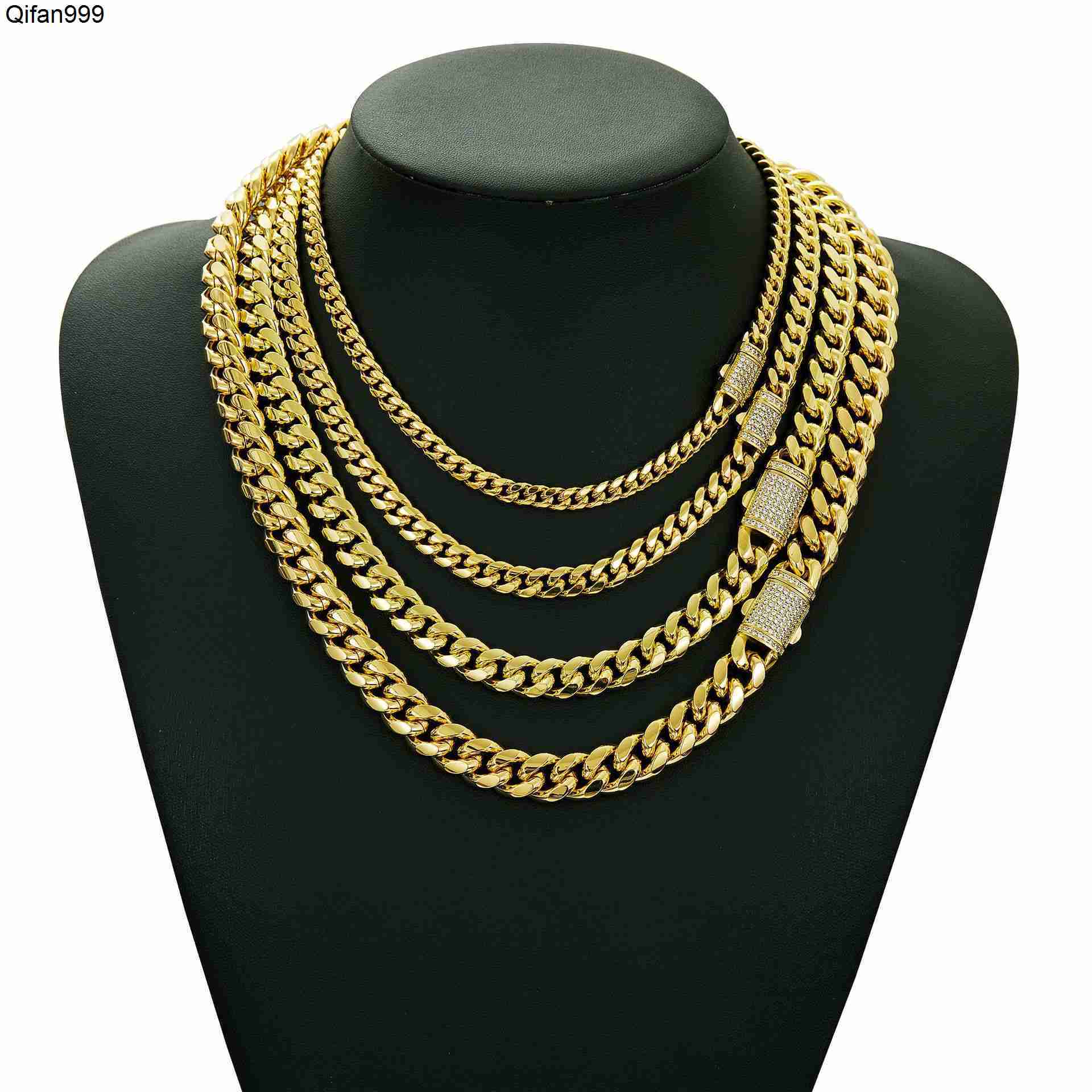 Mens Hip Hop Style Miami Cuban Link Chain 14K Gold-Plated Stainless Steel Trendy Fashion Jewelry Zircon Diamond Geometric