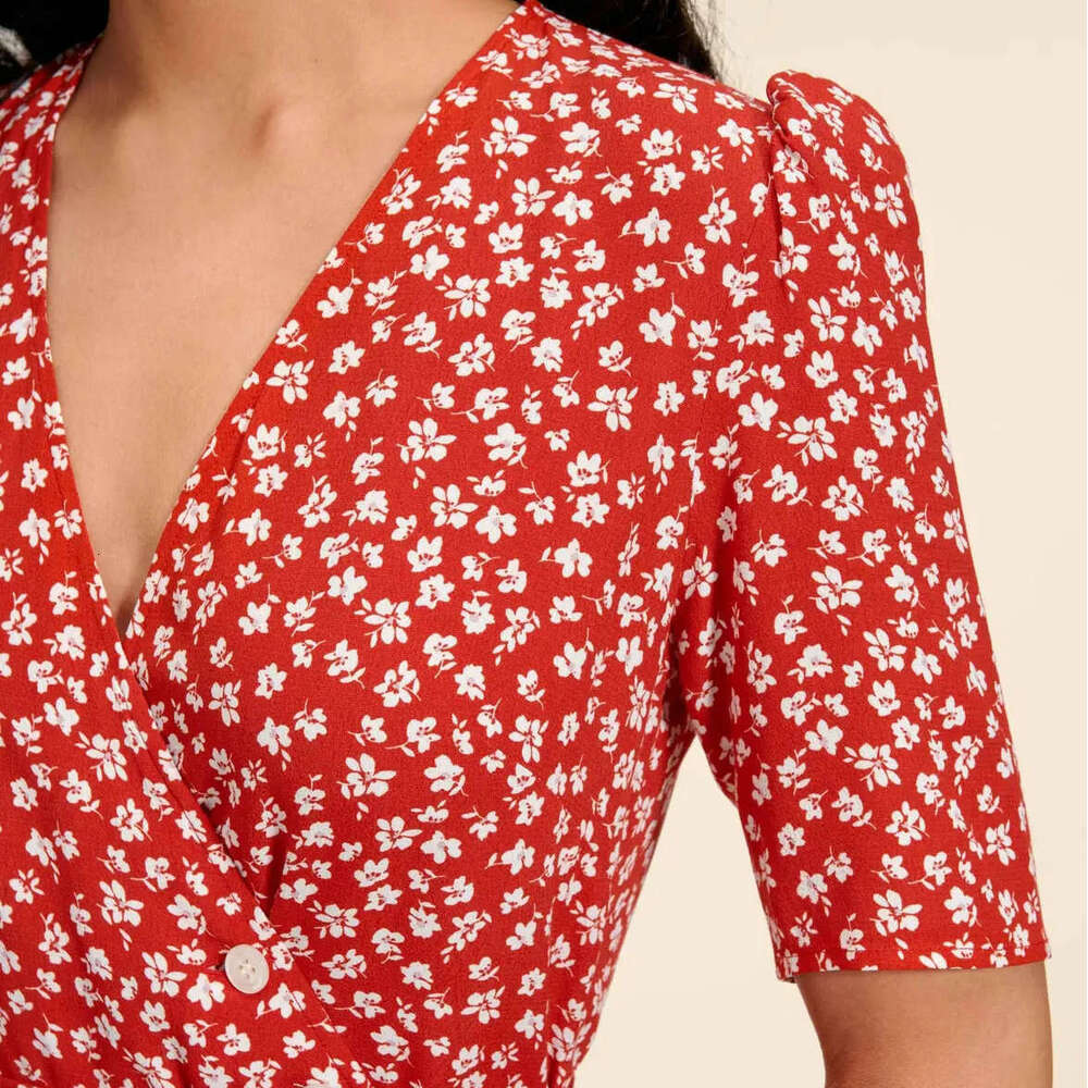 Dresses for Woman Party June Sexy Vestido De Mujer 114 # Summer New 2025 Floral V-neck Short Sleeve Mid-length French Tea Break Wrap Dress with Straps