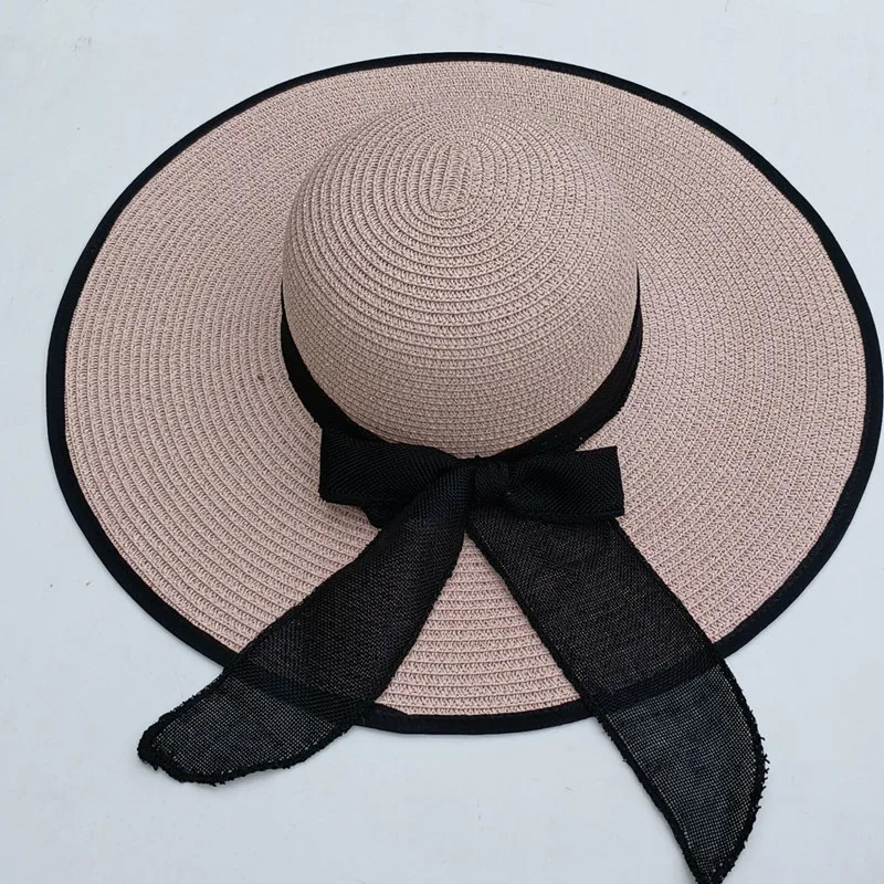 Summer Womens Bowknot Straw Hat Beach Big Brimmed Hat Foldable Travel Seaside Vacation Travel Outdoor Sunscreen Caps 250616
