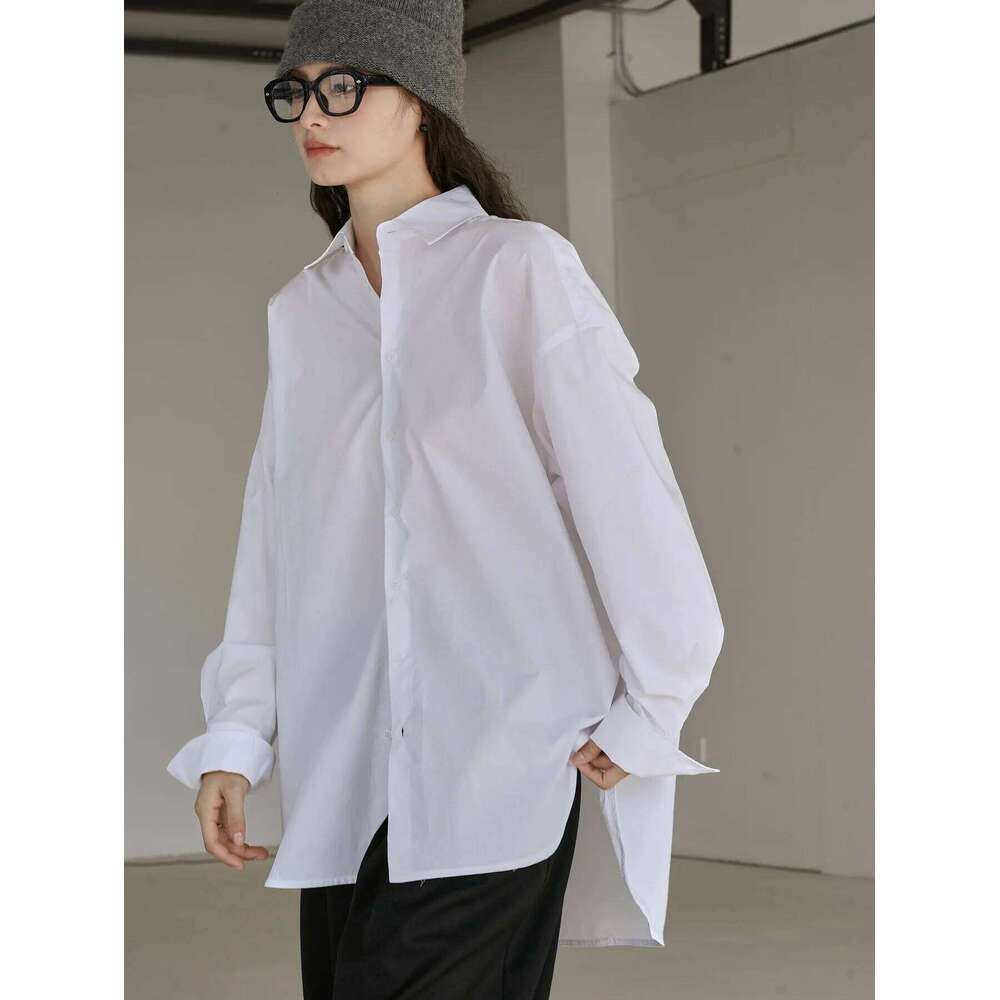 Autumn and winter women's casual solid color lapel long sleeved loose fitting shirt