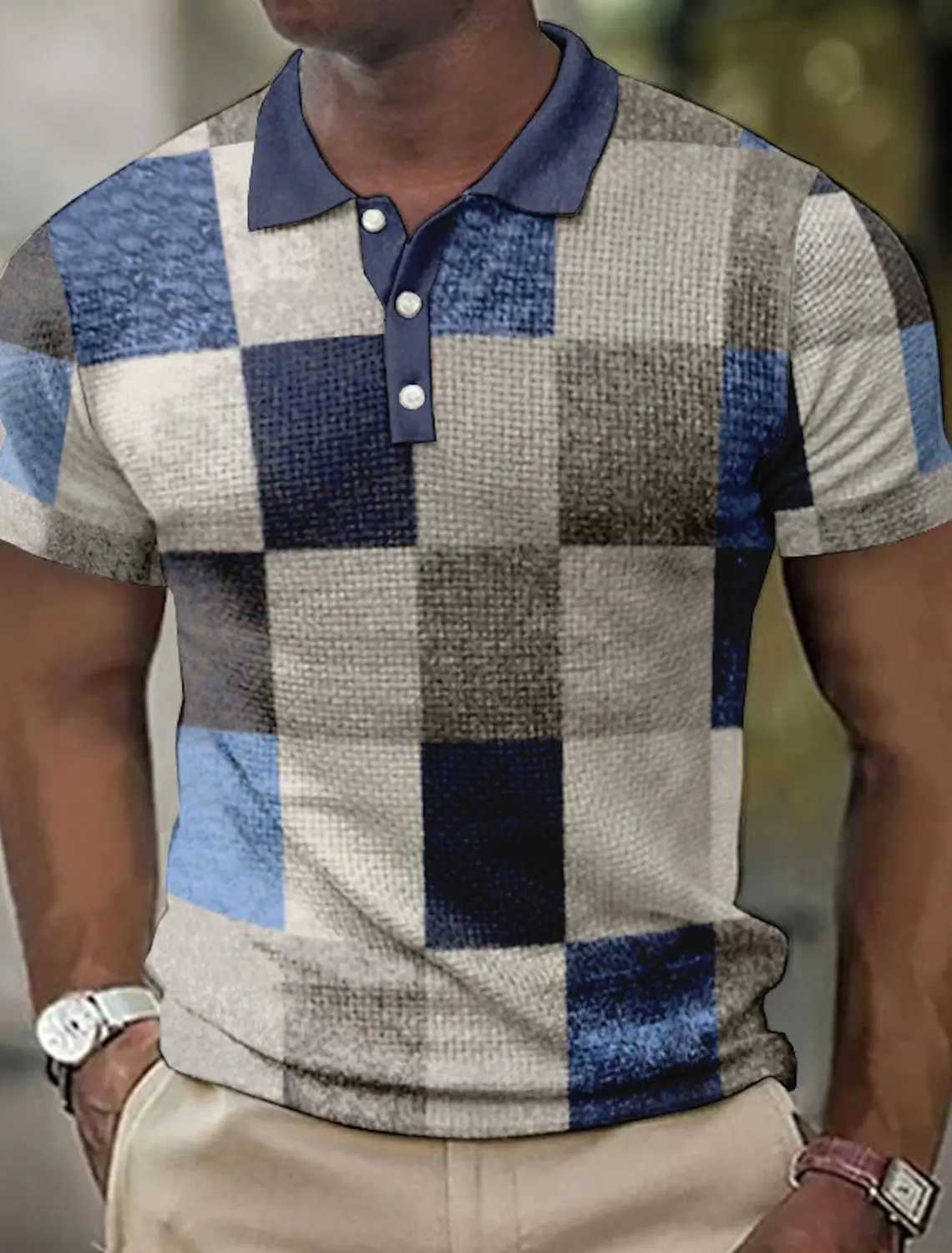 Mens Polo shirt lapel Polo button shirt color block plaid 3D pattern printed cuff outdoor street short-sleeved printed clothingXJ250617