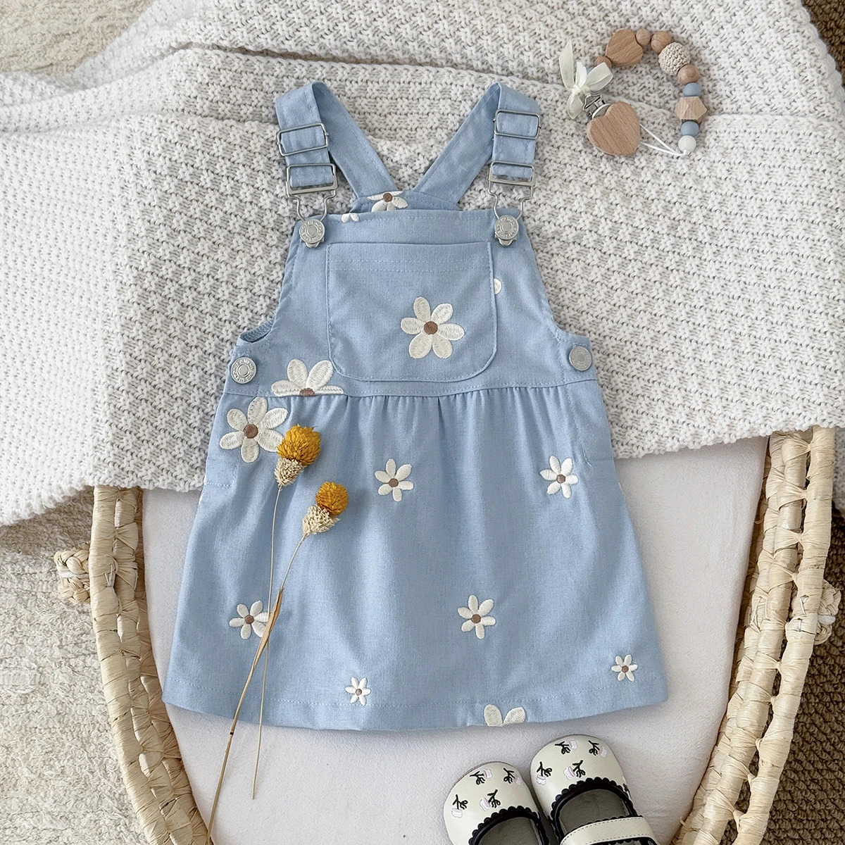 Toddler Infant Girls Denim Dresses Flowers Embroidery Strap Knee-Length Kids Dresses One-piece 0-3 Years Overall Girl Clothes 250617