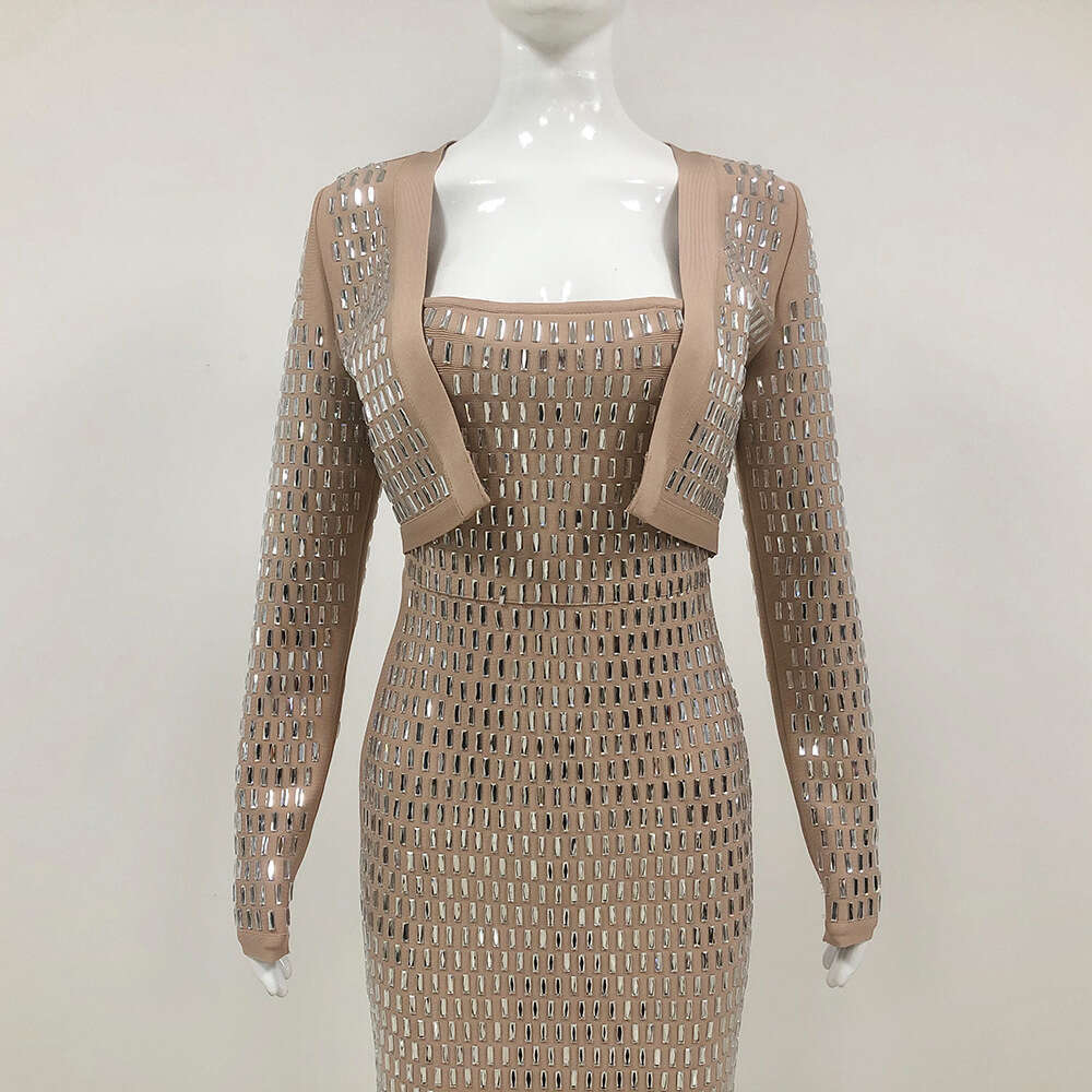 Autumn New Arrival Banquet Evening Dress Socialite Full Diamond Long Sleeve Bandage Coat Women's Style