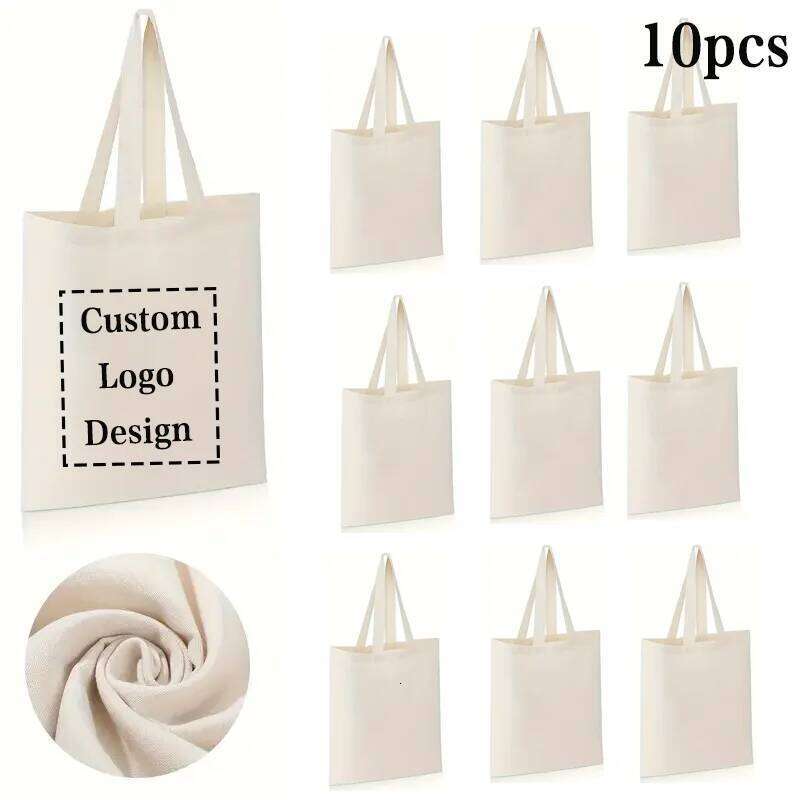 10Pcs/Lot Custom Canvas Shoulder Bags Beige Eco-Friendly Shopping Bag Personalize Large Capacity Handbags