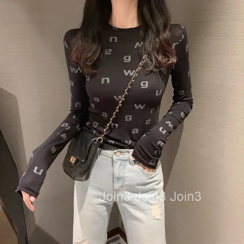 Yellow Tshirts Mesh 2025 Skinny with Print Clothes Tees Female Tops Womens T Shirts Aesthetic Elegant and Youth Long Sleeve Alt