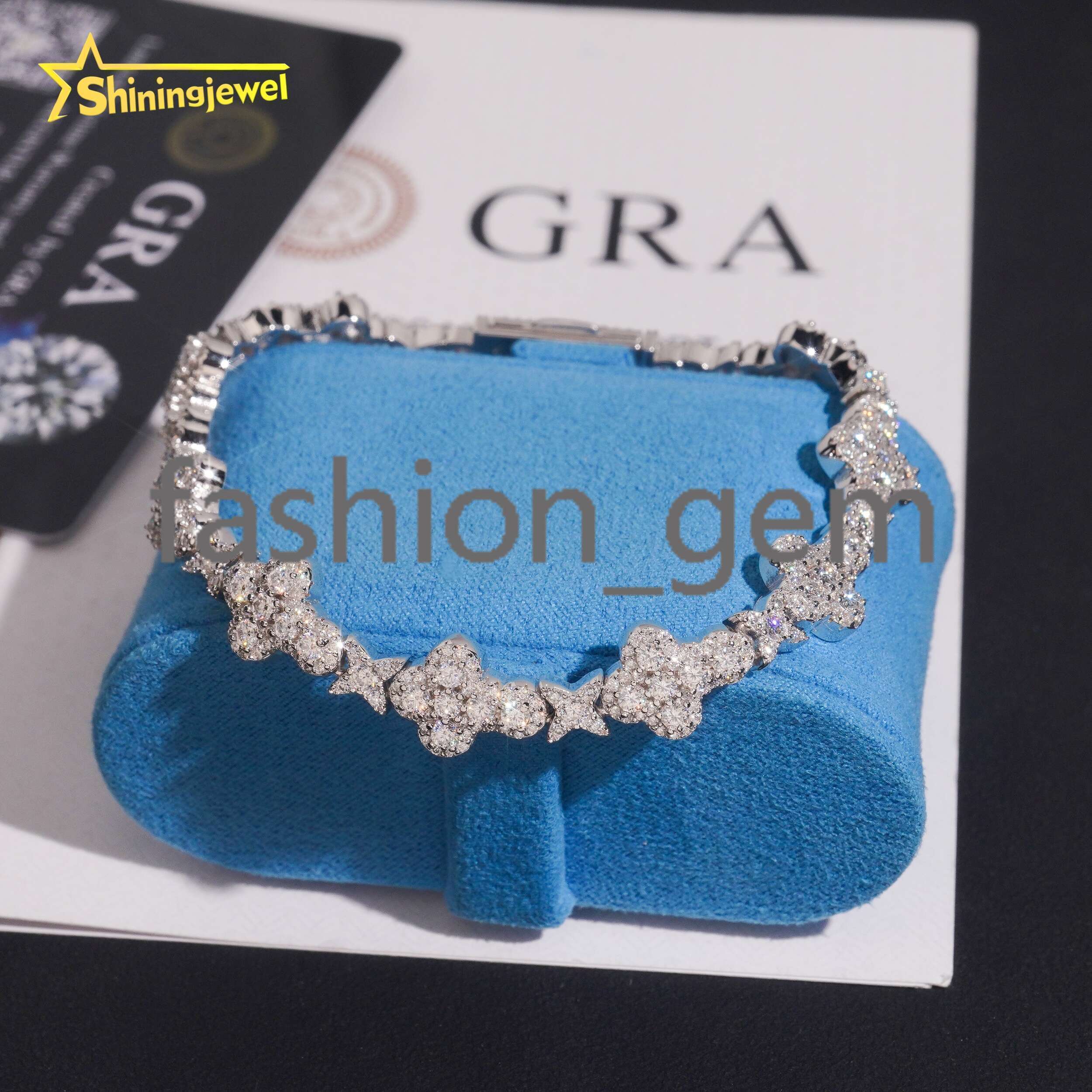 Wholesale Custom Clover Brand Elegant Four-Leaf Clover 925 Silver Gold Plated 10mm Cross Moissanite Bracelet