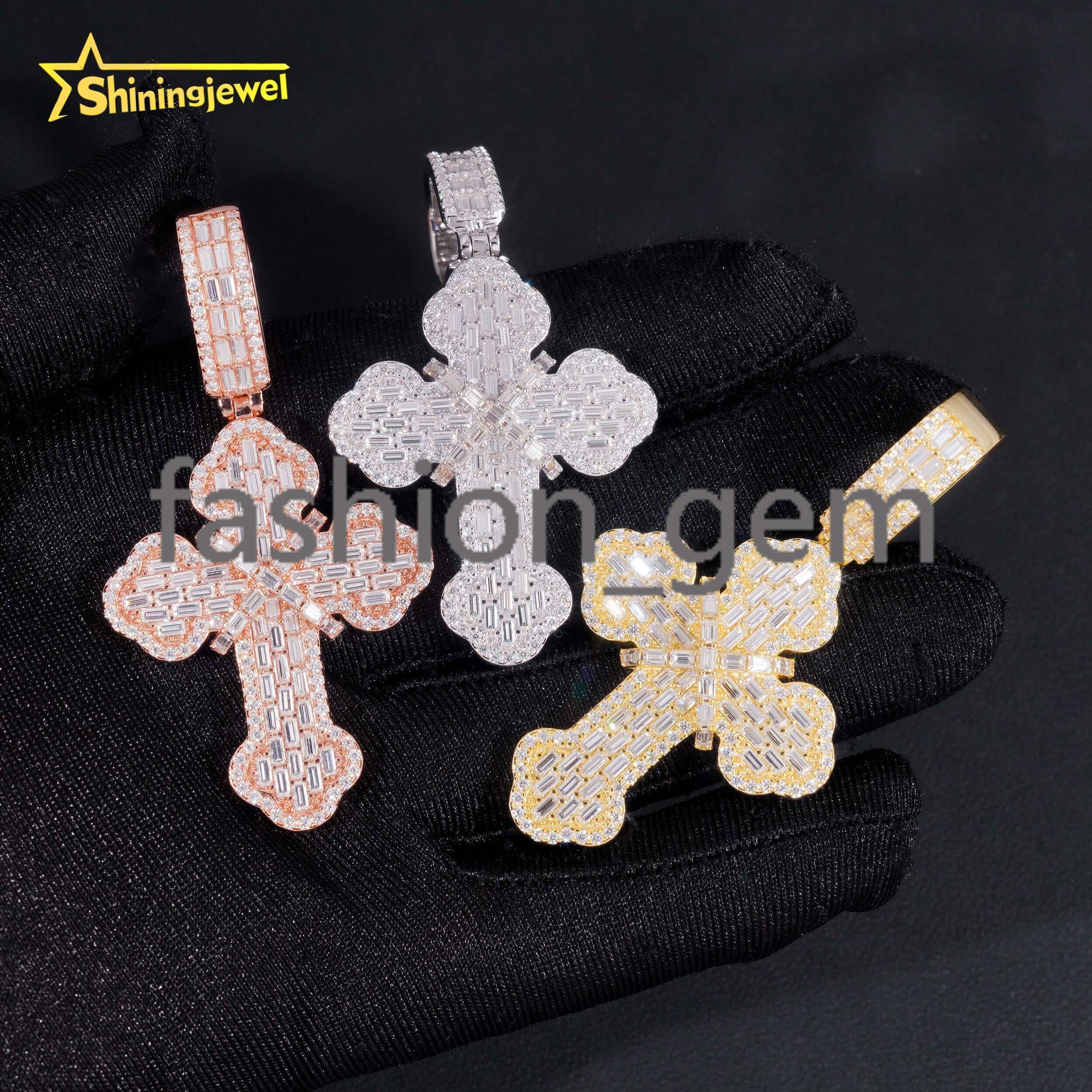 New Design Hip Hop Cross Baguette Moissanite Pendant S925 Gold Plated Moissanite Pass Diamond Test Pendant Ready to Ship