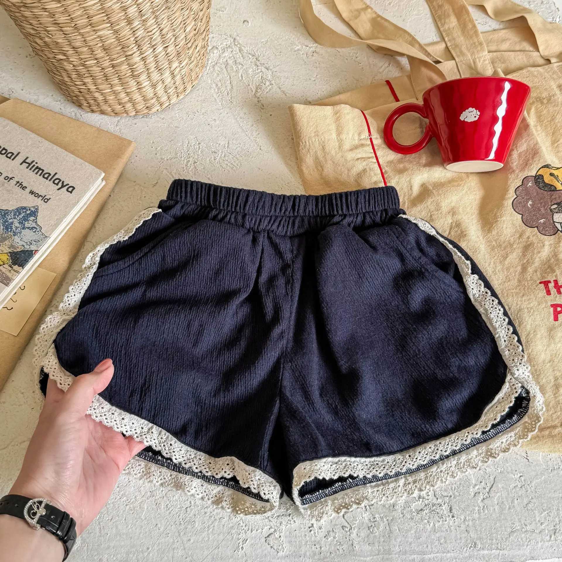 Girls Lace Shorts 0-6 Years 2025 Summer New Children Cotton Casual Pants Baby Girl Gray Blue Loose Shorts Fashion Kids ClothesC250617