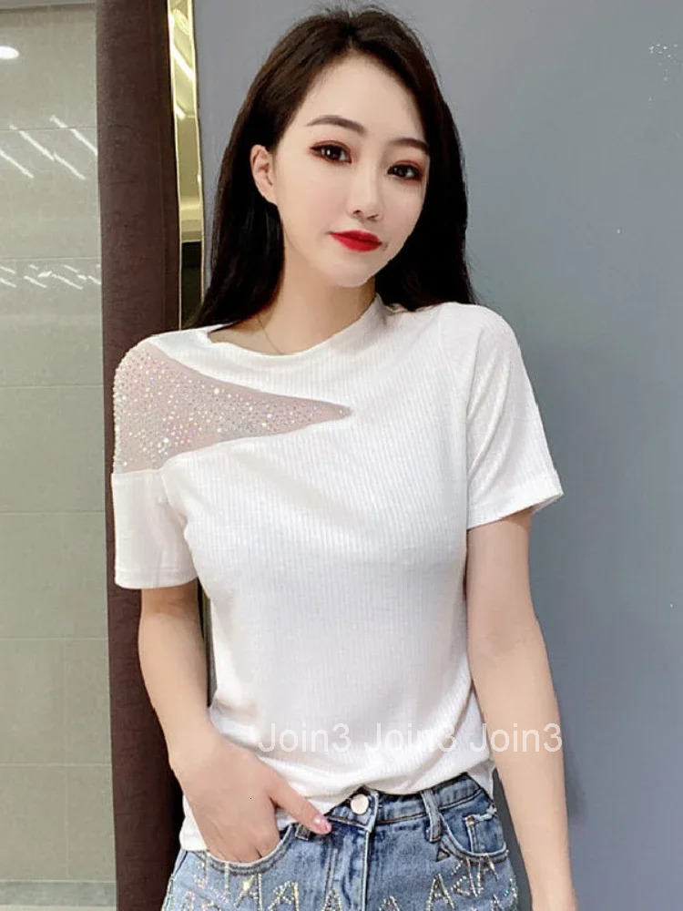 Womens T-shirt Rhinestone Summer Outfit Glitter Sequin Top Female Baggy Short Sleeve Plain Y2k Clothes Korean Popular Elegant