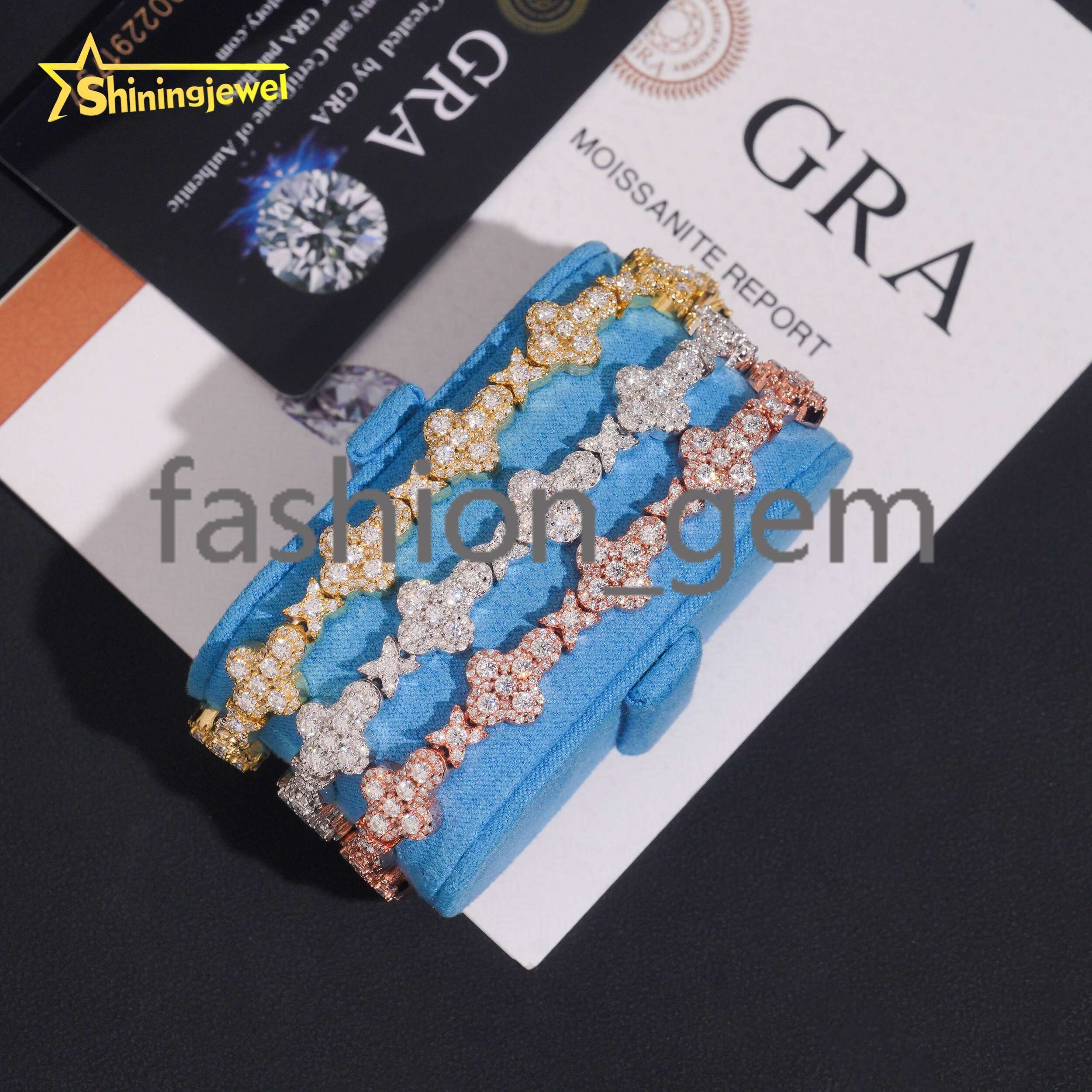 Wholesale Custom Clover Brand Elegant Four-Leaf Clover 925 Silver Gold Plated 10mm Cross Moissanite Bracelet