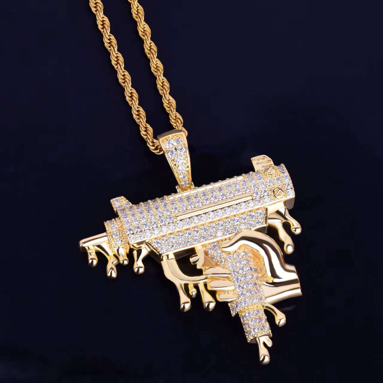 18K Rose Gold .925 Silver Hip Hop Pendant Hand Holding Dripping Uzi Machine Gun Moissanite Charm