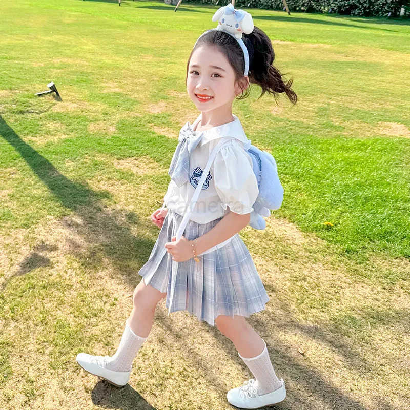 Sanrio 2025new Sanrio Cinnamoroll Jk Pleated Skirt Two-Piece Set Children Birthday Party Costume Gift Girls Summer Clothes Dress SuitXJ250618