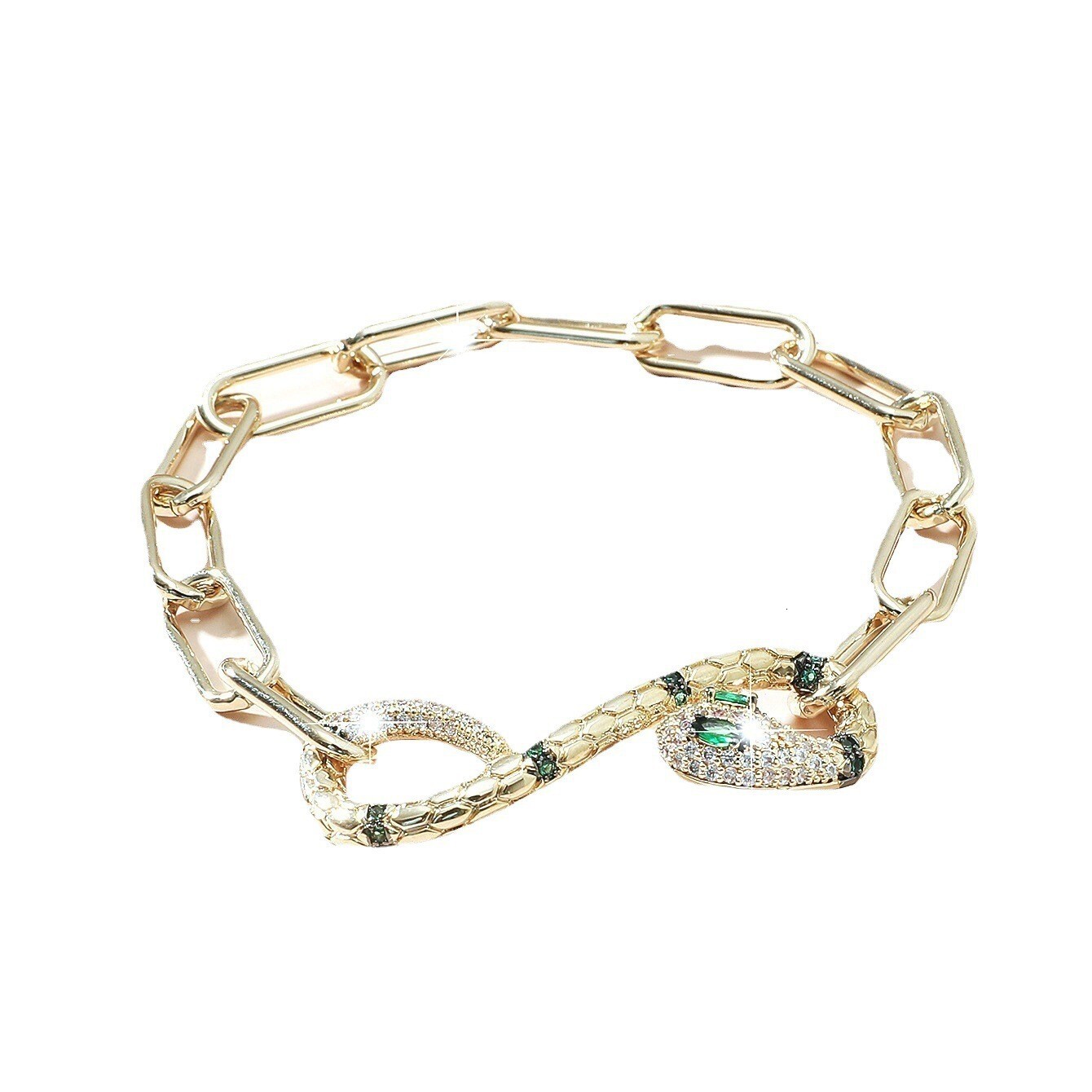 Fashionable Gold-Plated Chain Bracelet for Women with Inlaid and Green Snake Design