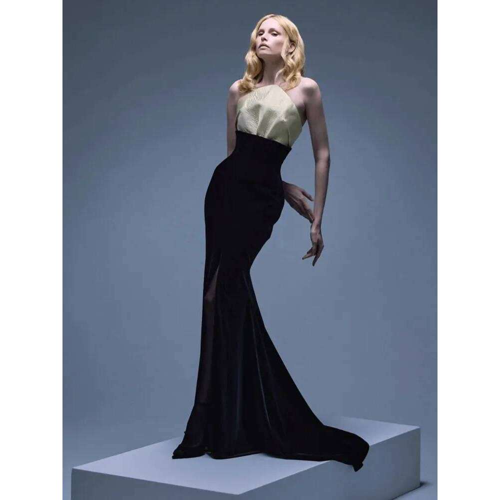Women Celebrity Sexy Veet Strapless Patchwork Black Maxi Long Fishtail Skirts Elegant Evening Club Party Outfit