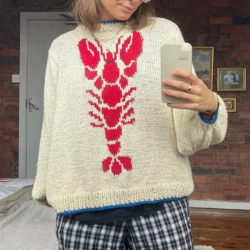 Y2K Knitted Pullovers 90s Vintage Grunge Preppy Style Sweater Lobster Pattern Autumn Winter Long Sleeve Knitwear Women Clothes 250614