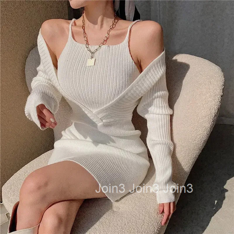 Korean Style Womens Crochet Dresses Over The Shoulder Autumn and Winter Retro Designer Clothes Y2k New In G X Female Knit Dress
