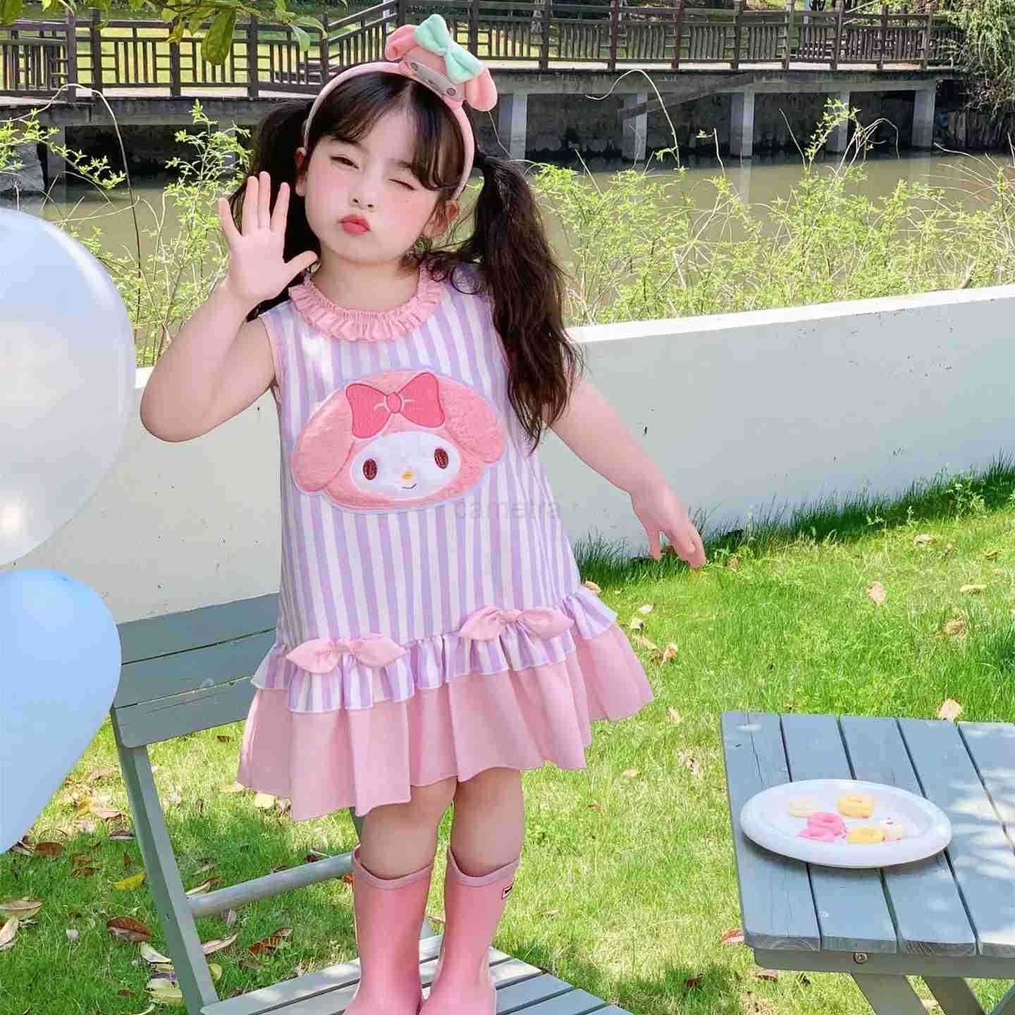 Sanrio Girls Summer Sleeveless Dress 2025 New Children Cartoon My Melody Striped Princess Dresses Sweet Frock Kids Clothing XJ250618